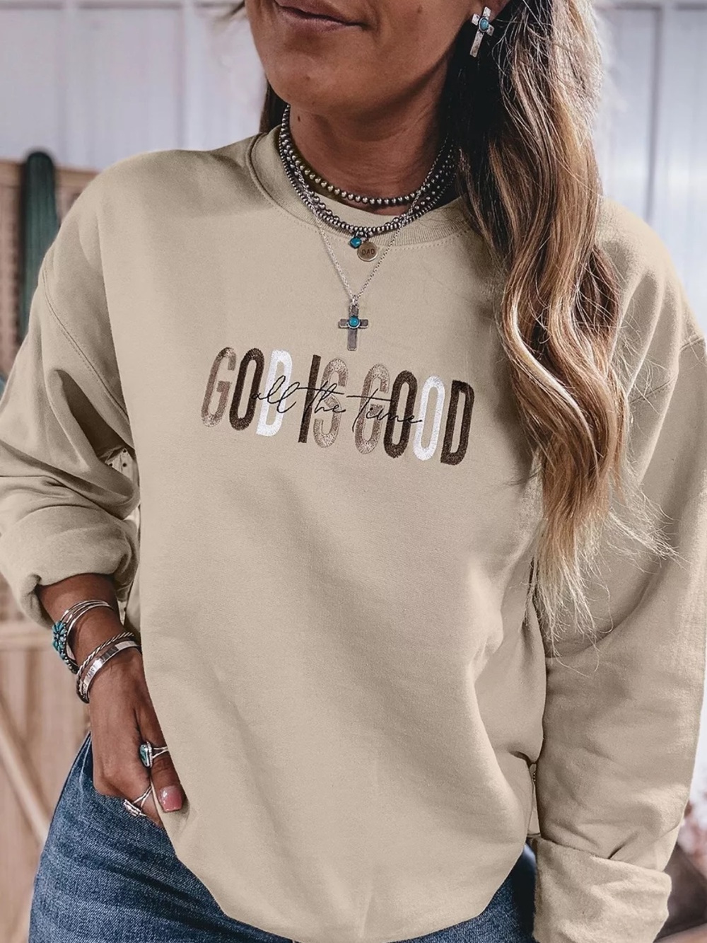 ⭐️ ‘God Is Good All The Time’ Beige Graphic Crewneck Sweatshirt